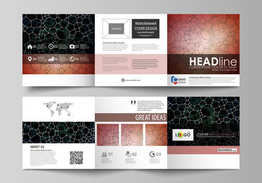 Business templates for tri fold square design brochures. Leaflet cover, vector layout. Chemistry pattern, molecular texture, polygonal molecule structure, cell. Medicine, science, microbiology concept