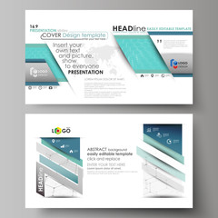 Business templates in HD format for presentation slides. Abstract vector layouts in flat design. Chemistry pattern, hexagonal molecule structure on blue. Medicine, science and technology concept.