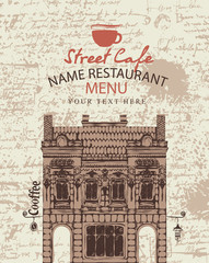 Cover menu for a street cafe with the facade of the old building on the background of the manuscript with blots
