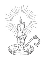 Hand drawn burning candle in vintage candlestick with rays of light vector illustration