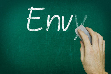 Hand erasing the word ENVY written on blackboard