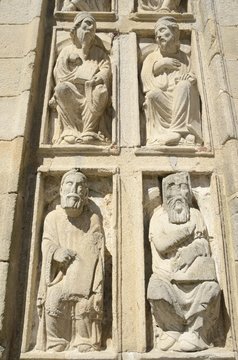 Religious sculptures at the Door of Forgiveness  in Santiago de Compostela, Spain