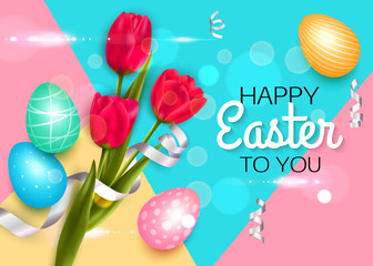 Easter background with colorful eggs tulips. Vector illustration