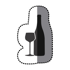 sticker shading monochrome wine bottle and glass cup icon vector illustration