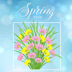 Spring pattern with flowers on a blue background.
