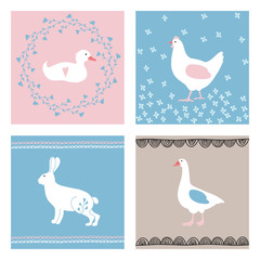 Set of hand drawn Easter greeting cards, invitations with farm animals. Cute bunny, hen, duck, goose and floral elements. Spring concept, vintage design, vector illustration background.