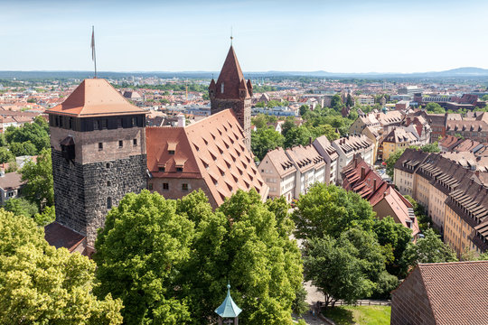 Top view of the castle of Nuremberg in Bavaria with blue sky