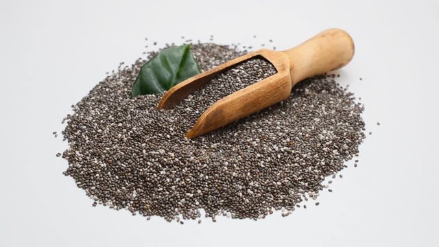 Chia seeds in scoop on white background