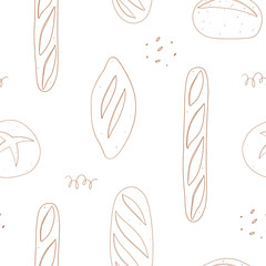 Bread vector seamless pattern. Line art bakery background 
