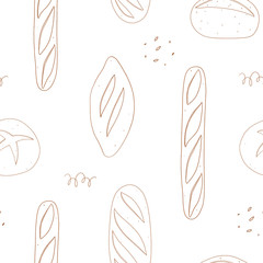 Bread vector seamless pattern. Line art bakery background 