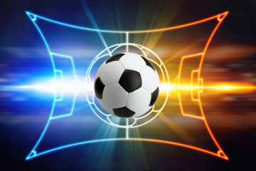 Soccer ball, football field layout, bright blue and red lights