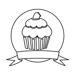 silhouette circular frame with ribbon and cupcake vector illustration