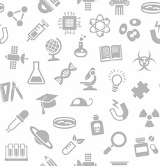 Science, seamless background, white, vector. Grey, flat icons on a white field. Different types of scientific activities. Monochrome background. 