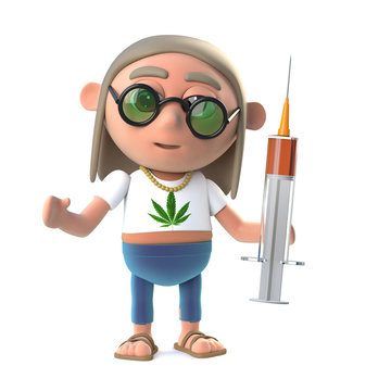 3d Funny cartoon hippy stoner character holding a syringe of drugs