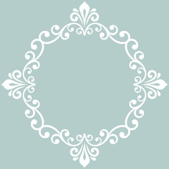 Oriental vector light blue and white round pattern with arabesques and floral elements. Traditional classic ornament. Vintage pattern with arabesques