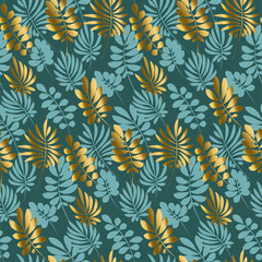 Naklejka na ściany i meble Luxury tropical leaves seamless pattern in emerald green color. Decorative summer nature surface design. vector illustration for print, card, poster, decor, header, .