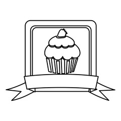 silhouette square frame with ribbon and cupcake vector illustration