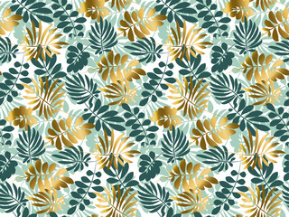 Fototapeta na wymiar Abstract tropical leaves seamless pattern in emerald green color. Decorative summer nature surface design. vector illustration for print, card, poster, decor, header, .