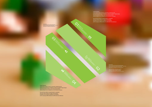 Illustration infographic template with hexagon askew divided to four green parts