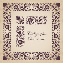 Decorative calligraphic ornaments, corners, borders and frames for page decoration and design