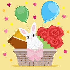 Holiday greeting card with a wicker basket, small white hare, chocolate and bouquet of flowers on a yellow background with hearts. Vector illustration, EPS10.