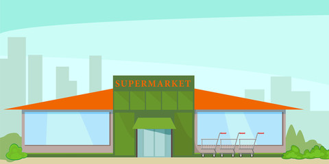 Building a supermarket on the background of the silhouettes of residential buildings. Vector, illustration in flat style isolated on white background EPS10.