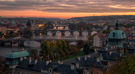 Prague panorama view in sunset time. Capital of Czech republic, best czech place for vacation.
