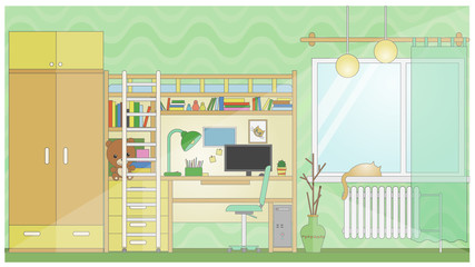Room with workplace, flat stylized cartoon interior