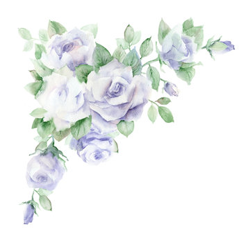 Fototapeta Watercolor painting. Corner floral arrangement with lilac pastel roses on a white background.
