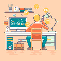 Cool vector concept design on business man working online using computer seat at the Vector flat illustration