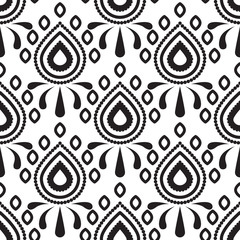 Stylized damask flower petal drop pattern. Black and white seamless vector background.