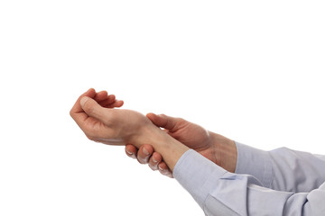 Businessman suffering from wrist pain. Pain relief concept