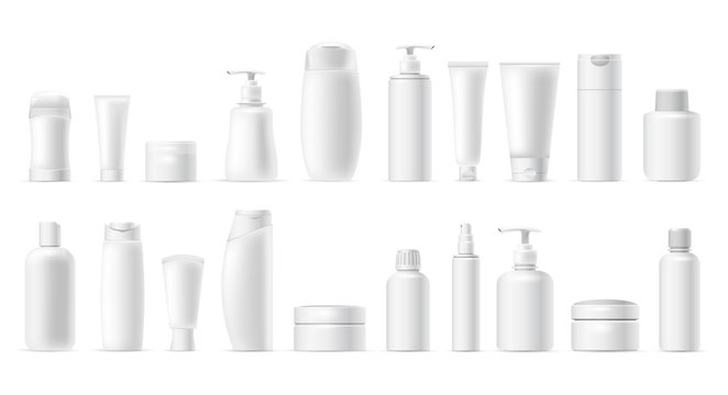 Set vector blank templates of empty and clean white plastic containers: bottles with spray, dispenser, cream jar, tube. Realistic mock-up of cosmetic package. Isolated on white background.