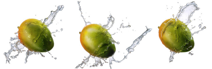 Water splash and fruits isolated on white backgroud. Fresh mango