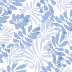 Tender pale blue and green tropical leaves seamless pattern. Decorative summer nature surface design. vector illustration for fabric, print, wrapping paper