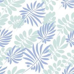 Fototapeta na wymiar Tender pale blue and green tropical leaves seamless pattern. Decorative summer nature surface design. vector illustration for fabric, print, wrapping paper