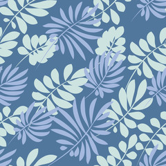 Tender pale blue and green tropical leaves seamless pattern. Decorative summer nature surface design. vector illustration for fabric, print, wrapping paper