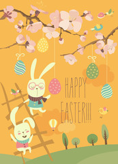 Funny easter bunnies with flowering branches