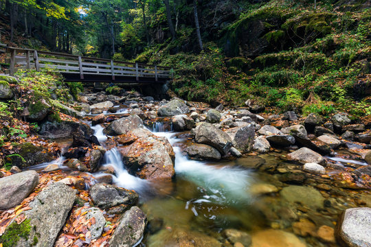 Water stream and falls in Franconia notch state park, New Hampshire, USA