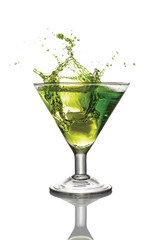 Splash in glass of green alcoholic cocktail drink with ice