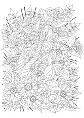 Hand drawn backdrop. Coloring book, page for adult and older children. Black and white abstract floral pattern. 