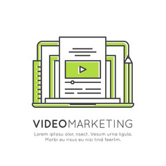 Vector Icon Style Illustration of Video Marketing, Internet E-Mail or Mobile Notifications and Offer Marketing and Social Campaign. Promotion Process Concept