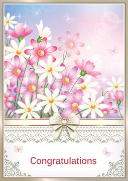 Greeting card with flowers in a frame with an ornament. Vector illustration