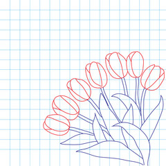 The bouquet of tulips drawn in a notebook