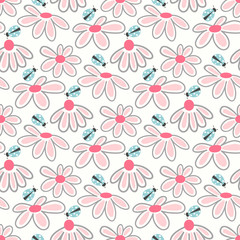 Vector floral pattern with cute daisies. Seamless floral pattern with spring flowers and leaves.