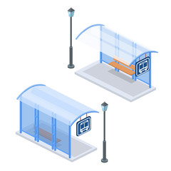 Isometric flat 3D concept vector illustration city bus stop with street light at the rear and in front. Set of collection.