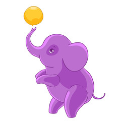 Cool purple cartoon elephant standing on hind legs and playing balloon.