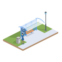 Isometric flat 3D concept vector illustration people are waiting for the bus at the bus stop on the street
