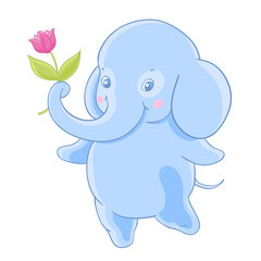 Funny blue cartoon elephant gives a flower.