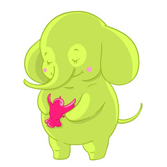 Green cartoon elephant hugs pink little bird. Friendship.